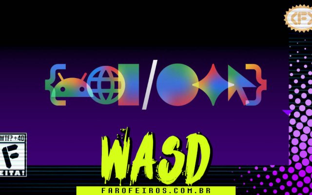 Capa do WASD podcast destacando o evento Google IO, no centro da imagem os símbolos de diversos produtos da empresa com pouca opacidade e coloridos de maneira aleatória. Na parte inferior, o título "WASD" em letras verde fluorescentes com tinta pingando, sobre o endereço farofeiros.com.br. No canto inferior esquerdo, classificação indicativa paródica "WTF? +40" e " F" e "EITA!". No canto superior direito, o logotipo do Farofeiros em dourado. À direita, painel decorativo preto com bolinhas roxas em estilo retro como se fosse a caixa de um jogo de Super Nintendo.
