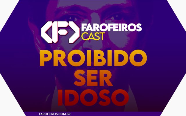 Capa do episódio 71 do Farofeiros Cast em um hexágono roxo e bordas brancas. No centro, o título do episódio em letras grandes amarelas e laranja: "PROÍBIDO SER IDOSO". Ao fundo se pode ver uma figura pálida de Ricardo Nunes (MDB), atual prefeito de São Paulo. Na faixa inferior o endereço farofeiros.com.br.