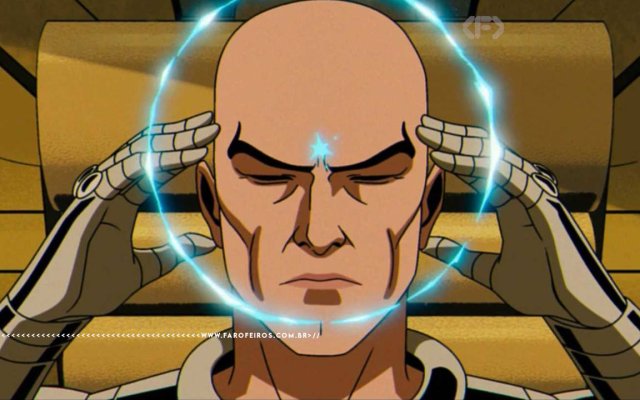 Professor X dos X-Men de olhos fechados utiliza seus poderes mentais com as pontas dos dedos em suas têmporas. Na parte inferior, a marca d'água do site www.farofeiros.com.br