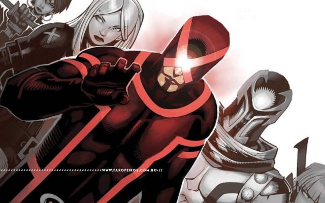 Ciclope à frente dos X-Men em seu uniforme preto com marcas e um X vermelho no lugar do visor avança em direção do espectador com a mão estendida. Na parte inferior, a marca d'água do site www.farofeiros.com.br