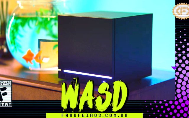 Capa do WASD podcast mostrando um Steam Machine em cima de um móvel em uma sala bem iluminada azul. Na parte inferior, o título "WASD" em letras verde fluorescentes com tinta pingando, sobre o endereço farofeiros.com.br. No canto inferior esquerdo, classificação indicativa paródica "WTF? +40" e " F" e "EITA!". No canto superior direito, o logotipo do Farofeiros em dourado. À direita, painel decorativo preto com bolinhas roxas em estilo retro como se fosse a caixa de um jogo de Super Nintendo.