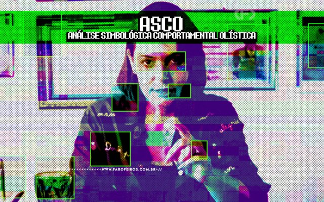 Thumbnail do conteúdo "ASCO – Análise Simbológica Comportamental Olística". A imagem apresenta uma mulher em close, com tratamento visual glitch e paleta psicodélica nas cores verde néon, roxo, magenta e ciano. Retângulos verdes com aparência de marcadores de reconhecimento facial estão sobrepostos em diferentes partes do rosto e corpo da pessoa. O fundo também está distorcido com o mesmo efeito de corrupção de imagem. O título "ASCO" aparece em letras brancas maiúsculas no topo, com o subtítulo "Análise Simbológica Comportamental Olística" logo abaixo. Na parte inferior, a marca d'água do site www.farofeiros.com.br.