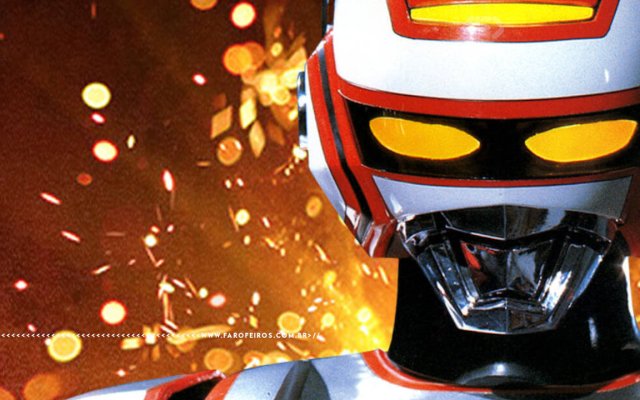 Jaspion em sua armadura em imagem que foca em seu capacete com os olhos com luzes acesas em frente a uma explosão - FAROFEIROS.COM.BR