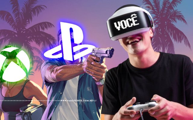 Montagem de GTA 6 com os personagens com seus rostos substituídos pelo logo do PlayStation e do XBOX apontando uma arma contra uma pessoa jogando videogame. Na faixa inferior o endereço farofeiros.com.br.