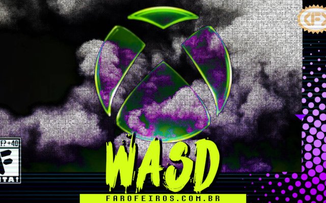 Capa do WASD podcast mostrando uma lápide com o símbolo da XBOX deteriorando em meio a fumaça com efeitos cinzas e roxos. Na parte inferior, o título "WASD" em letras verde fluorescentes com tinta pingando, sobre o endereço farofeiros.com.br. No canto inferior esquerdo, classificação indicativa paródica "WTF? +40" e " F" e "EITA!". No canto superior direito, o logotipo do Farofeiros em dourado. À direita, painel decorativo preto com bolinhas roxas em estilo retro como se fosse a caixa de um jogo de Super Nintendo.