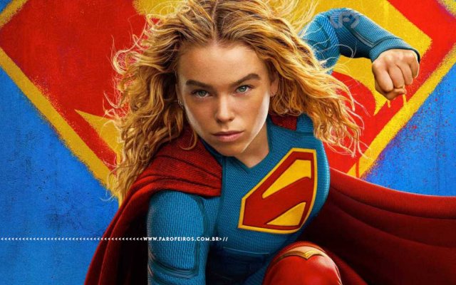 Recorte do poster do filme Supergirl - Mullher do Amanhã com a atriz socando o chão olhando para frente. Na faixa inferior o endereço farofeiros.com.br.