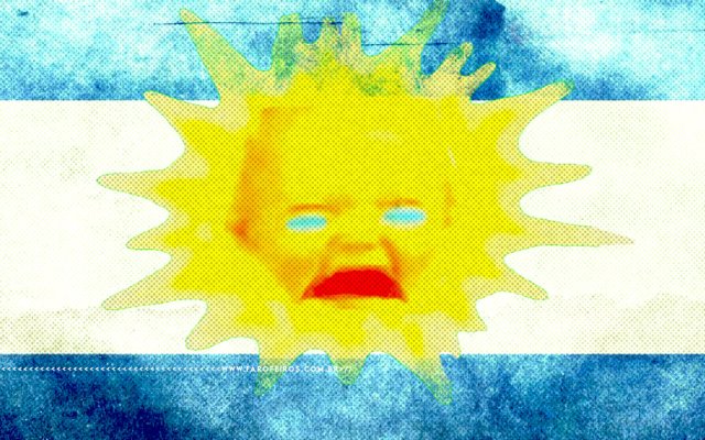 Montagem representando a bandeira argentina com alto contraste cores estouradas e um solzinho com um bebê chorando ao centro. Na faixa inferior o endereço farofeiros.com.br.