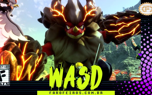 Capa do WASD podcast mostrando um Pal lendário com chifres e veias encandecestes saindo de sua cabeça. Na parte inferior, o título "WASD" em letras verde fluorescentes com tinta pingando, sobre o endereço farofeiros.com.br. No canto inferior esquerdo, classificação indicativa paródica "WTF? +40" e " F" e "EITA!". No canto superior direito, o logotipo do Farofeiros em dourado. À direita, painel decorativo preto com bolinhas roxas em estilo retro como se fosse a caixa de um jogo de Super Nintendo.