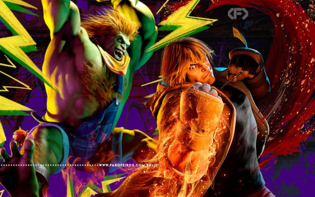 Montagem com os personagens de Street Fighter erguendo o punho enquanto Blanka pula em suas costas. Na faixa inferior o endereço farofeiros.com.br.
