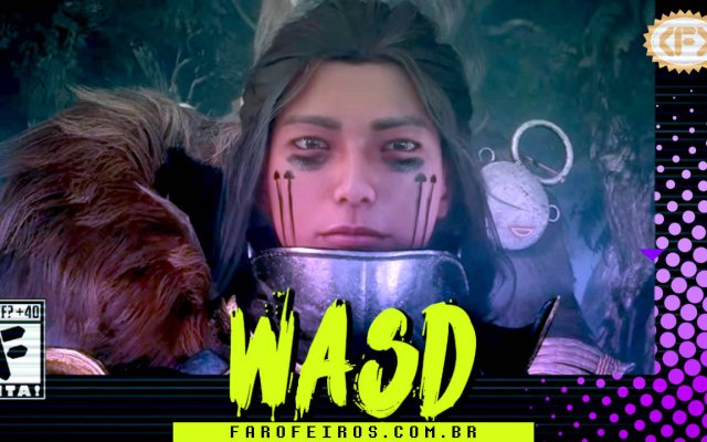 Capa do WASD podcast mostrando personagem feminina de Soulframe olhando em sua direção com pinturas pretas no rosto e uma armadura bem atípica. Na parte inferior, o título "WASD" em letras verde fluorescentes com tinta pingando, sobre o endereço farofeiros.com.br. No canto inferior esquerdo, classificação indicativa paródica "WTF? +40" e " F" e "EITA!". No canto superior direito, o logotipo do Farofeiros em dourado. À direita, painel decorativo preto com bolinhas roxas em estilo retro como se fosse a caixa de um jogo de Super Nintendo.