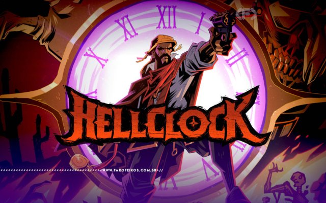 Recorte da imagem da capa do jogo Hell Clock onde seu protagonista, um homem negro com capéu sertanejo e lenço vermelho ao redor do pescoço, empunha uma arma com a sua mão esquerda estendida para frente no estilo de histórias em quadrinhos. Isto ocorre à frente de um relógio dourado com fundo brando e números em tons de rosa brilhantes.