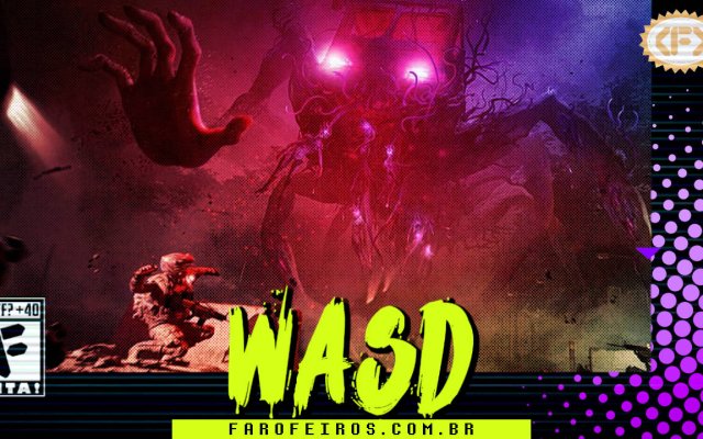 Capa do WASD podcast mostrando personagens do jogo Once Human com um humano, ajoelhado se preparando para arremessar algo contra uma figura de um ônibus com olhos vermelhos e diversos braços humanos saindo dele em pose ameaçadora. Na parte inferior, o título "WASD" em letras verde fluorescentes com tinta pingando, sobre o endereço farofeiros.com.br. No canto inferior esquerdo, classificação indicativa paródica "WTF? +40" e " F" e "EITA!". No canto superior direito, o logotipo do Farofeiros em dourado. À direita, painel decorativo preto com bolinhas roxas em estilo retro como se fosse a caixa de um jogo de Super Nintendo.