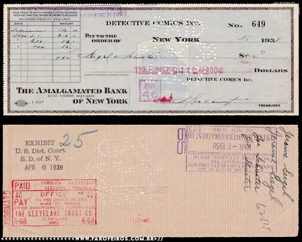 Cheque que comprou Superman é vendido! Cheque da DC Comics que comprou Superman de Jerry Siegel e Joe Shuster por 130 dólares em 1938 - blog FAROFEIROS