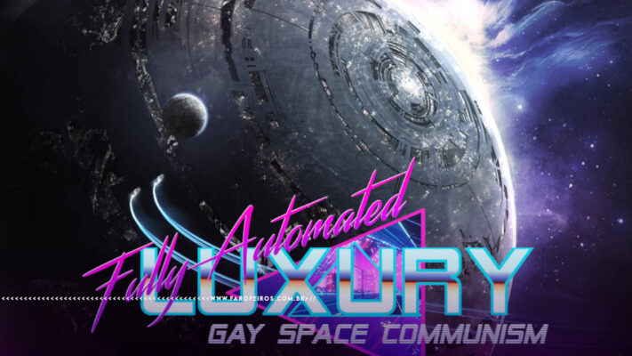 Uma lua cibernética aparece à frente de um sol com o texto "flully Automated Luxury Gay Space Communism" estilizado à frente. Na parte inferior, a marca d'água do site www.farofeiros.com.br