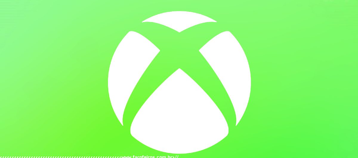 Logo branco do Xbox com um "X" estilizado em um fundo verde fluorescente. Na parte inferior, a marca d'água do site www.farofeiros.com.br