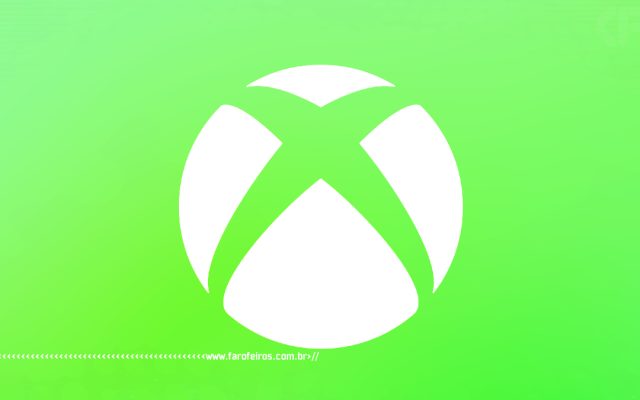 Logo branco do Xbox com um "X" estilizado em um fundo verde fluorescente. Na parte inferior, a marca d'água do site www.farofeiros.com.br