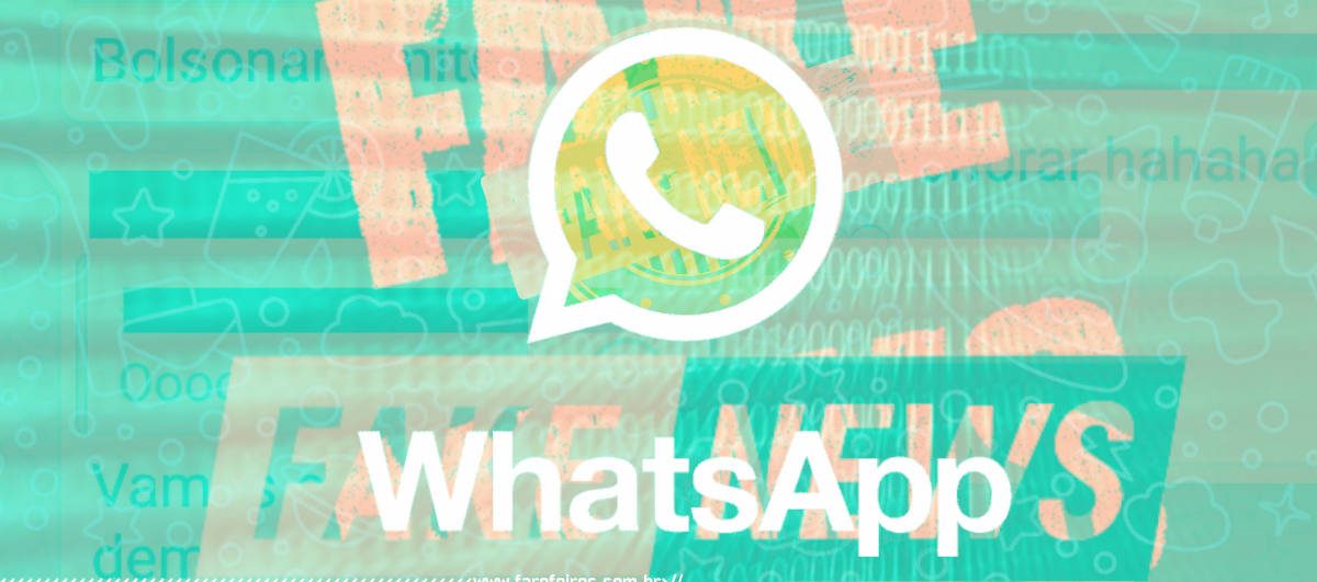 Imagem com o logo do aplicativo WhatsApp em tons verdes com a frase Fake News repetida ao fundo.
