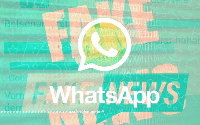 Imagem com o logo do aplicativo WhatsApp em tons verdes com a frase Fake News repetida ao fundo.