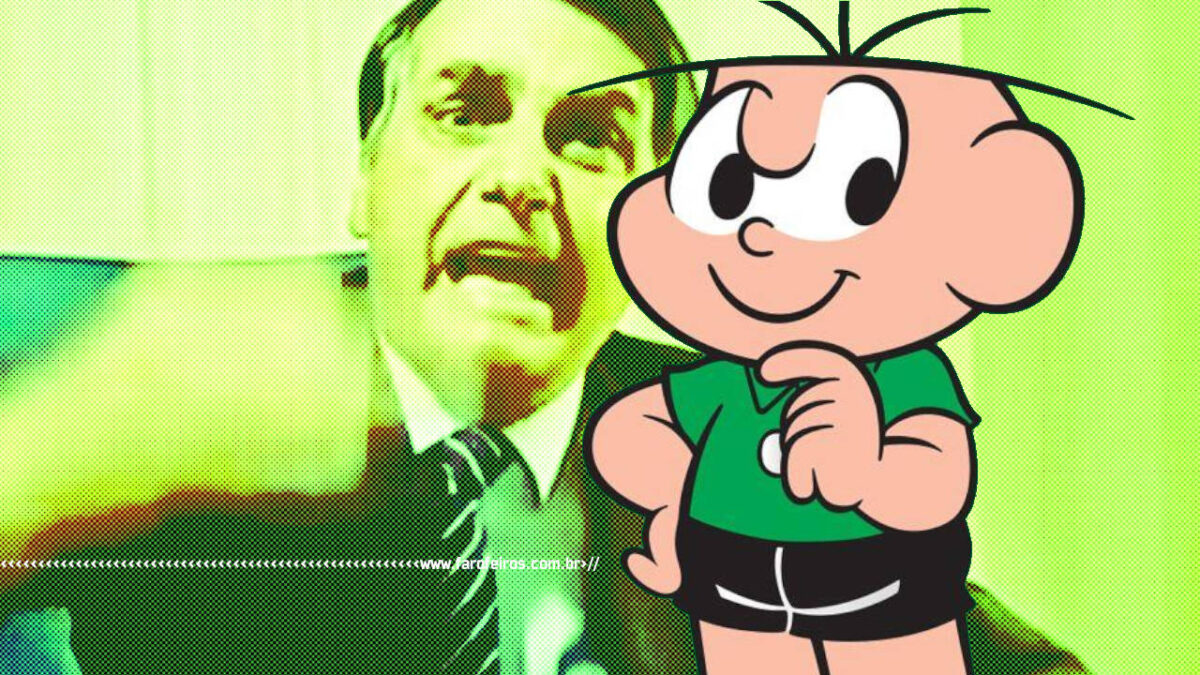 Cebolinha da turma da Mônica pensando em um golpo infálivel enquanto Jair Bolsonaro grita ao funto com efeitos de luz verde - blog FAROFEIROS