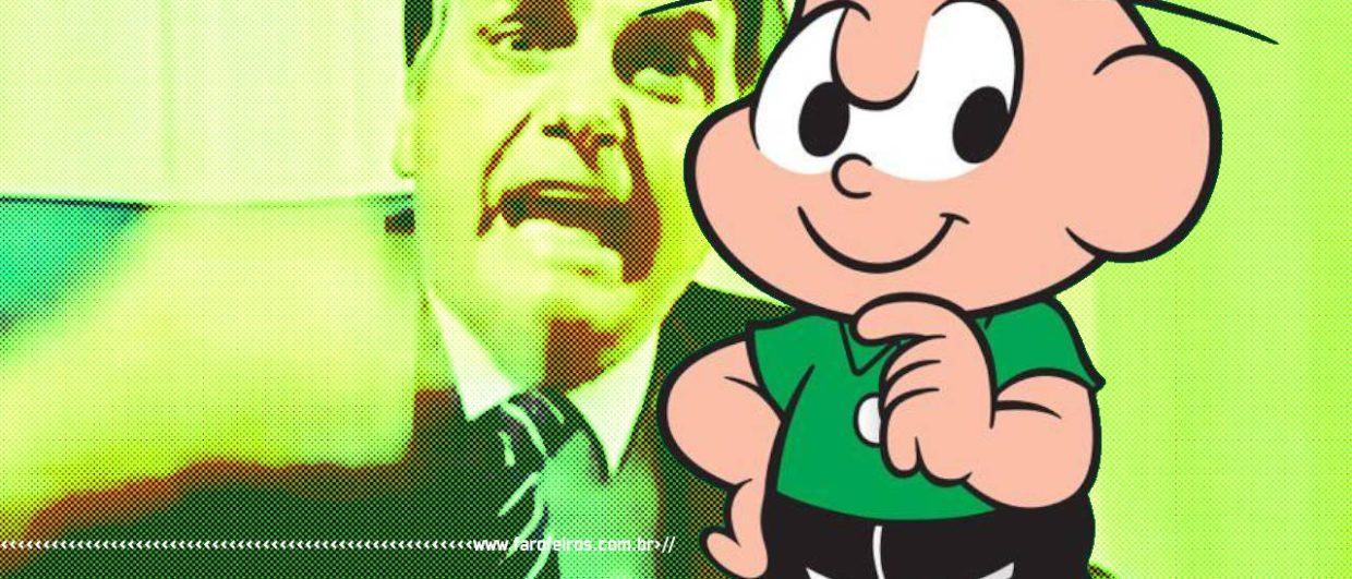 Cebolinha da turma da Mônica pensando em um golpo infálivel enquanto Jair Bolsonaro grita ao funto com efeitos de luz verde - blog FAROFEIROS