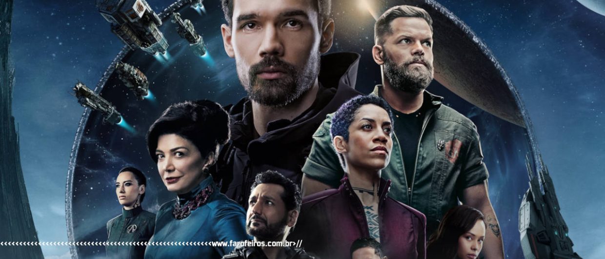 The Expanse - Poster de divulgação da série com os personagens empilhados com um efeito de luz branca e fundo espacial - blog FAROFEIROS
