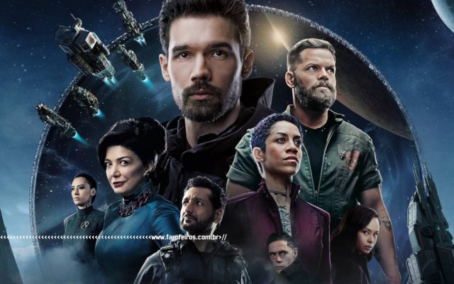 The Expanse - Poster de divulgação da série com os personagens empilhados com um efeito de luz branca e fundo espacial - blog FAROFEIROS