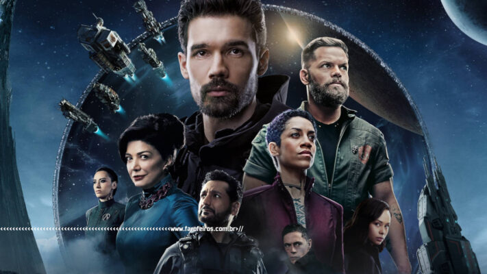 The Expanse - Poster de divulgação da série com os personagens empilhados com um efeito de luz branca e fundo espacial - blog FAROFEIROS