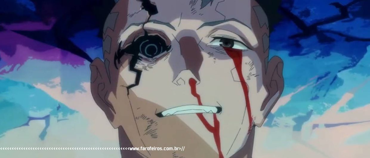 Visao do rosto do persnagem animado David Matinez de Cyberpunk - Edgerruners machucado - blog FAROFEIROS