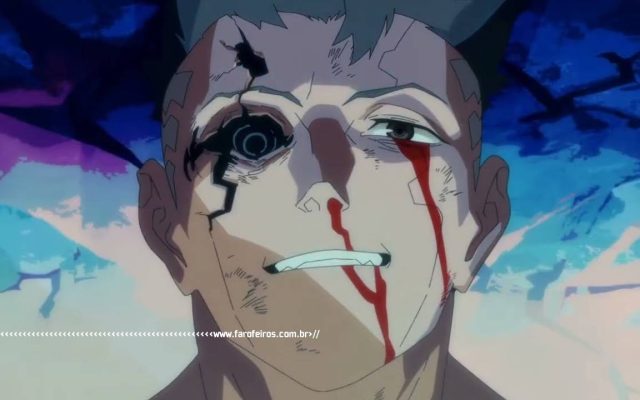 Visao do rosto do persnagem animado David Matinez de Cyberpunk - Edgerruners machucado - blog FAROFEIROS
