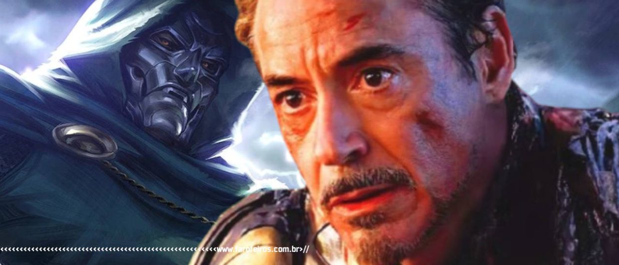Montagem com Tony Stark Assustado com um desenho ameaçador do Doutor Destino ao fundo - blog FAROFEIROS