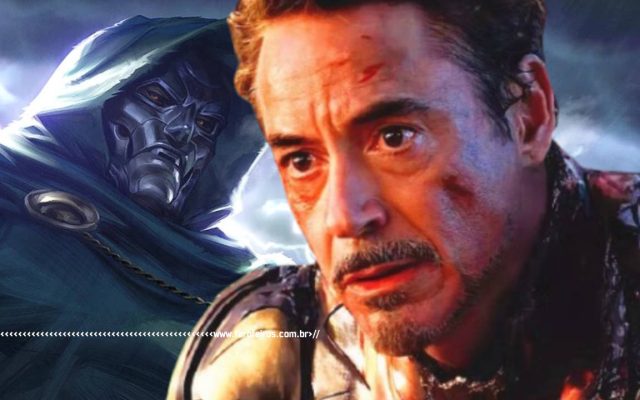 Montagem com Tony Stark Assustado com um desenho ameaçador do Doutor Destino ao fundo - blog FAROFEIROS