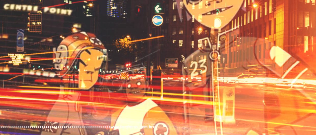 O amanhã chega hoje - Montagem com Gorillaz e luzes noturnas em uma avenida movimentada - blog FAROFEIROS