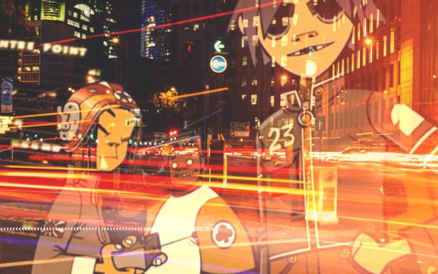O amanhã chega hoje - Montagem com Gorillaz e luzes noturnas em uma avenida movimentada - blog FAROFEIROS