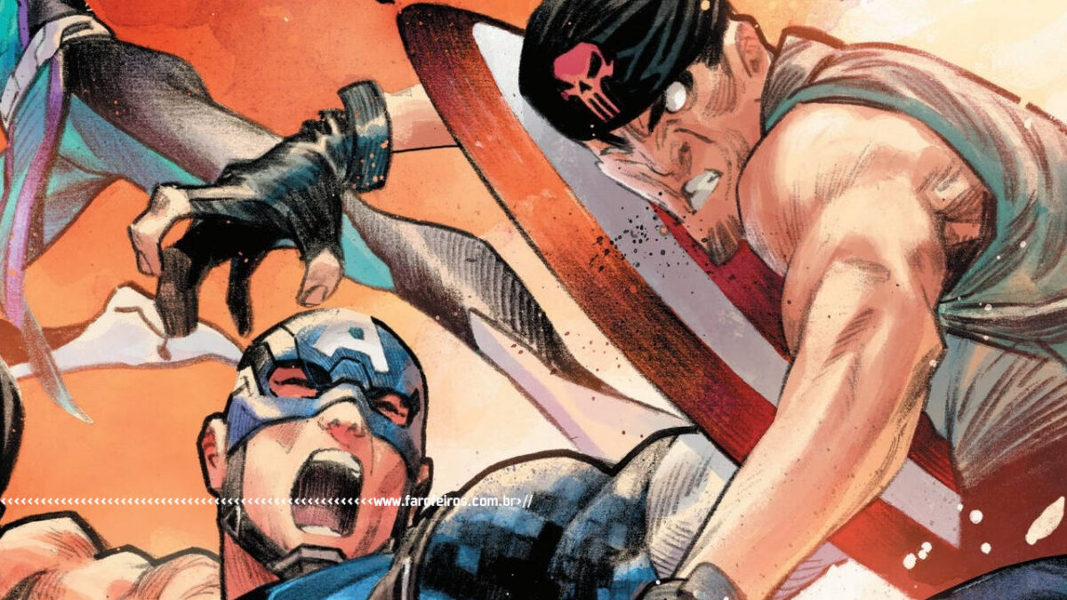 Ultimates #10 - Capitão América Steve Rogers dando uma escudada na cara de um nazista caveira vermelha - blog FAROFEIROS