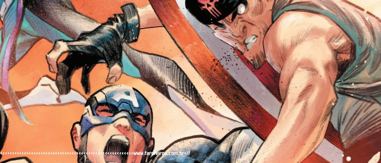 Ultimates #10 - Capitão América Steve Rogers dando uma escudada na cara de um nazista caveira vermelha - blog FAROFEIROS