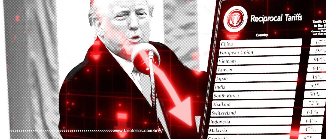 Montagem com Donald Trump mostrando suas tarifas mentirosas com efeitos de queda em ações com setas em vermelho - blog FAROFEIROS