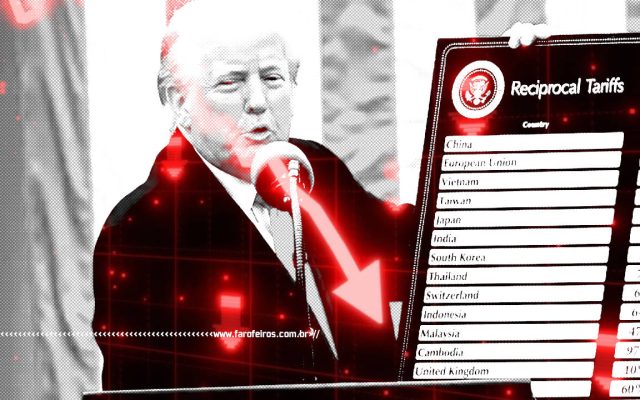 Montagem com Donald Trump mostrando suas tarifas mentirosas com efeitos de queda em ações com setas em vermelho - blog FAROFEIROS