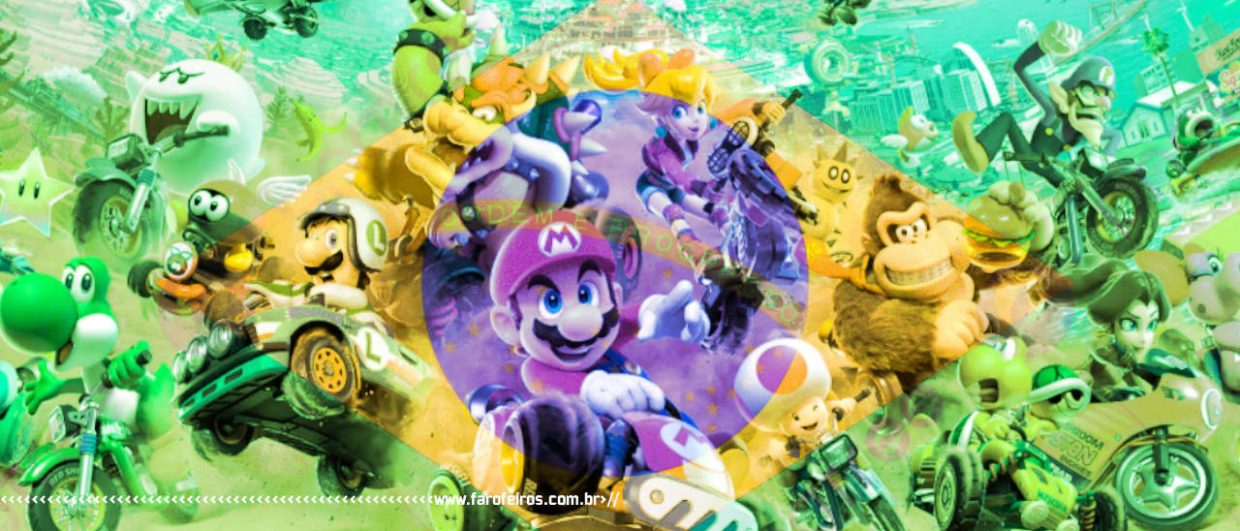 Quanto vai custar o Nintendo Switch 2 no Brasil - Mario Kart World com uma mandeira do Brasil texturizada sobre a imagem - blog FAROFEIROS