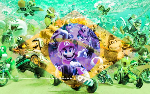 Quanto vai custar o Nintendo Switch 2 no Brasil - Mario Kart World com uma mandeira do Brasil texturizada sobre a imagem - blog FAROFEIROS