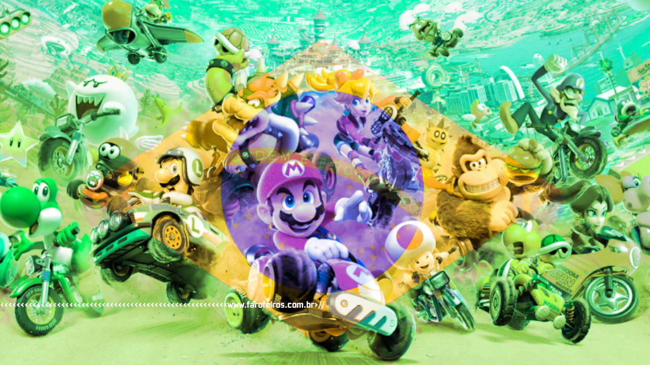 Quanto vai custar o Nintendo Switch 2 no Brasil - Mario Kart World com uma mandeira do Brasil texturizada sobre a imagem - blog FAROFEIROS