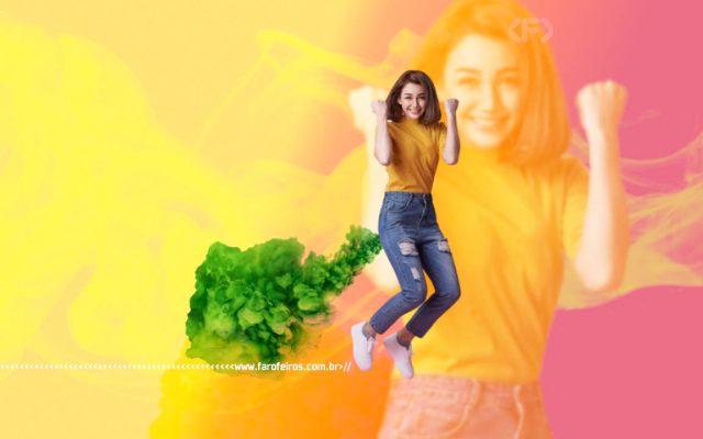 Epistemologia do Peido - Montagem de um mulher jovem branca voando graças ao pum verde em um fundo colorido - blog FAROFEIROS