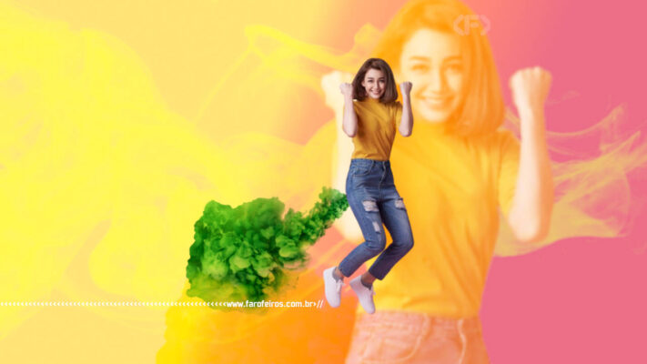 Epistemologia do Peido - Montagem de um mulher jovem branca voando graças ao pum verde em um fundo colorido - blog FAROFEIROS