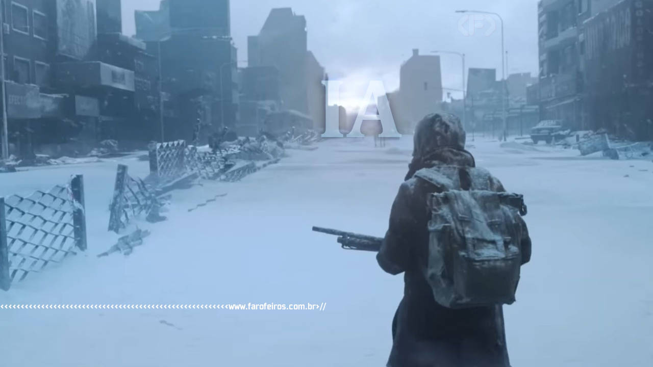 Personagem de O Eternauta anda armado em uma rua coberta de neve - blog FAROFEIROS