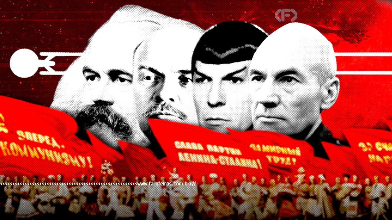 Star Trek é socialista - montagem com ícones do socialismo ao lado de Spock e Piccard - blog FAROFEIROS
