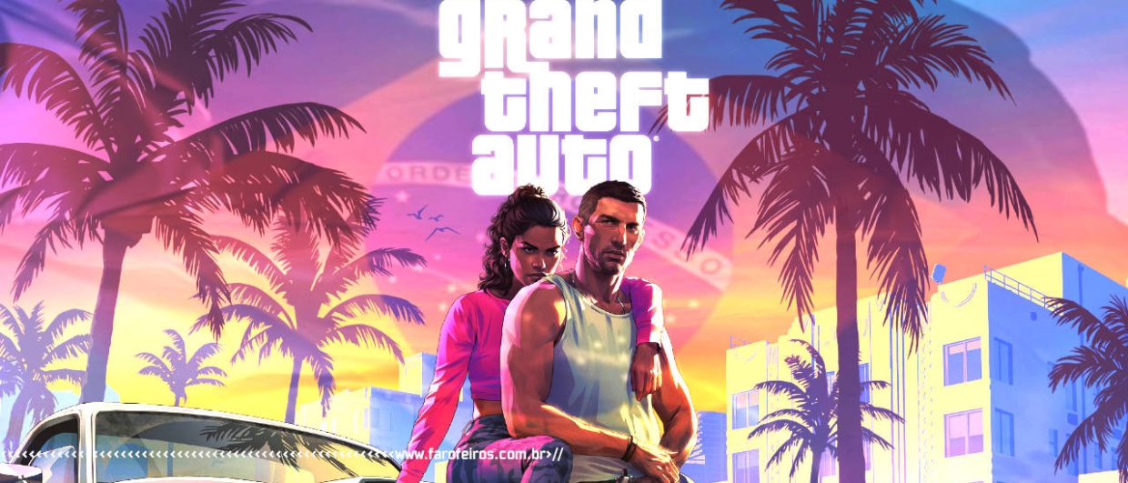Protagonistas do jogo GTA 6 fazem pose sentados no capô de um carro em um pôr-do-sol alaranjado. A montagem mosta uma bandeira do Brasil sobreposta a imagem. Na faixa inferior o endereço farofeiros.com.br.
