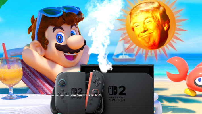 Nintendo Switch mais caro e mais quente - Super Mario tomando um sol com a cara de Donald Trump enquanto o Nintendo Switch 2 solta fumaça - blog FAROFEIROS