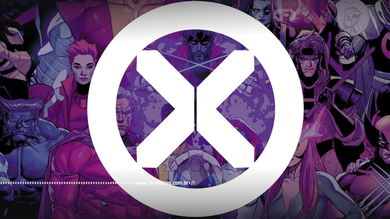 logotipo dos X-Men com alguns mutantes ao fundo olhando em sua direção