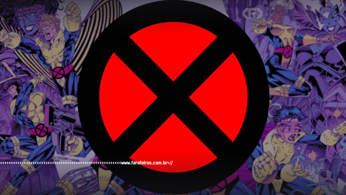 logotipo dos X-Men com alguns mutantes em ação com arte de Jim Lee