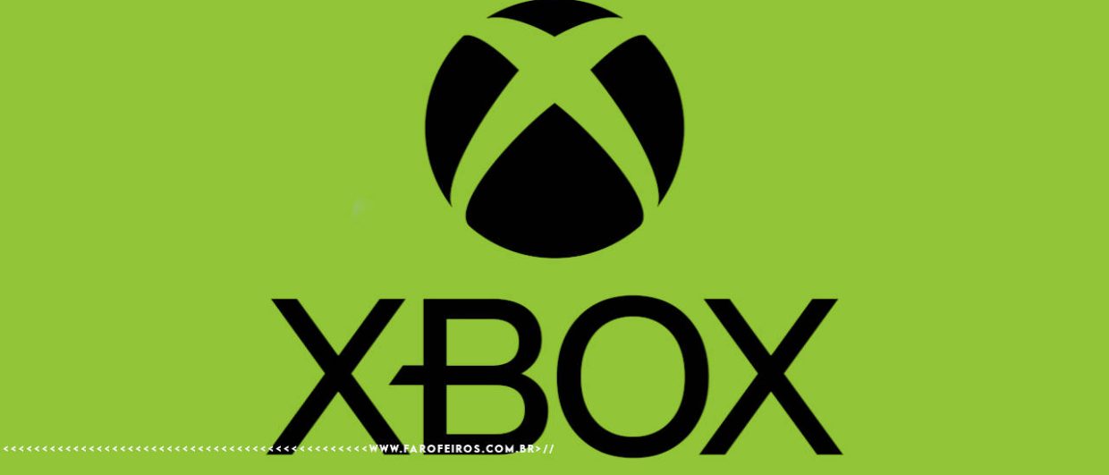 Logo do videogame XBOX em preto com fundo verde. Na parte inferior, a marca d'água do site www.farofeiros.com.br
