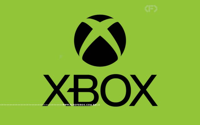 Logo do videogame XBOX em preto com fundo verde. Na parte inferior, a marca d'água do site www.farofeiros.com.br